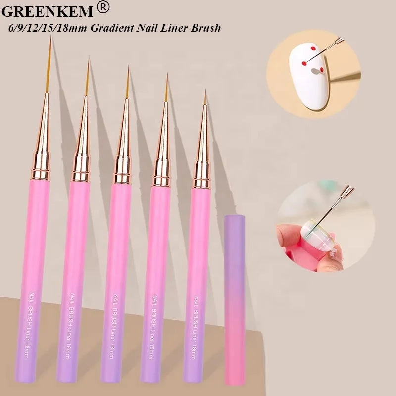 New 5pcs Set Gradient Pink Nail Liner Brush Nail Drawing Pen Professional Metal Handle 6/9/12/15/18mm Nail Liner Brush Set