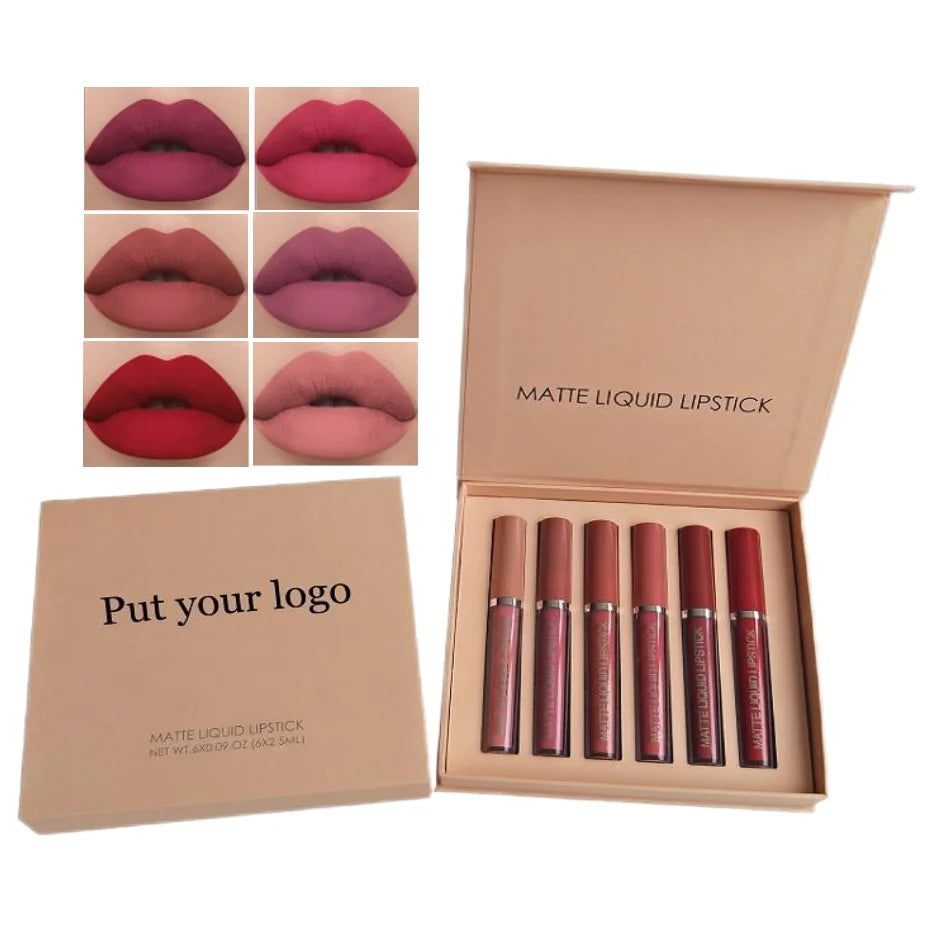 Long-Lasting 6Pcs Matte Liquid Lipstick Makeup Set Matte Liquid Wear Non-Stick Cup Not Fade Waterproof Lip Gloss