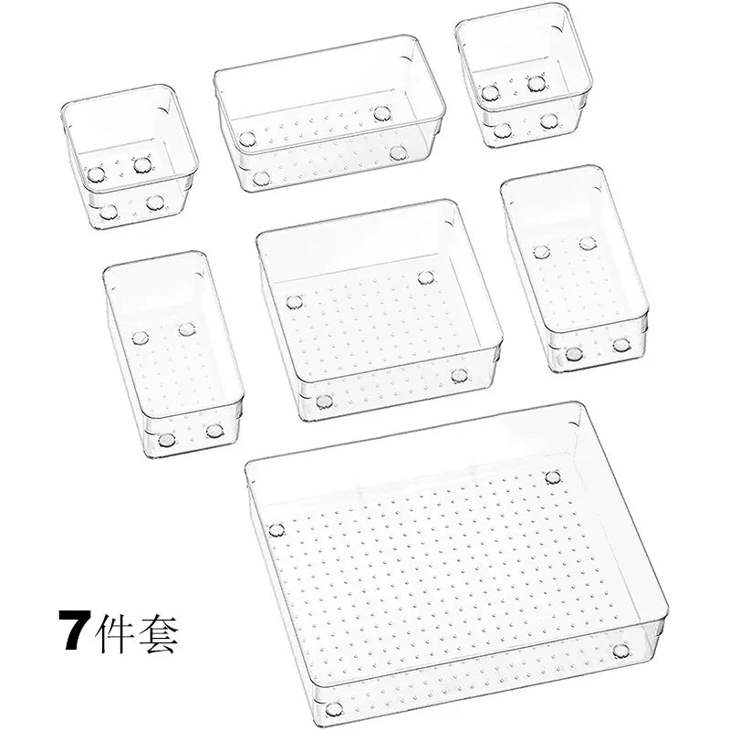 7-Piece Clear Trays Storage Drawer Organizers 4-Size Desk Makeup Drawer Organizer Box for Makeup Jewelries