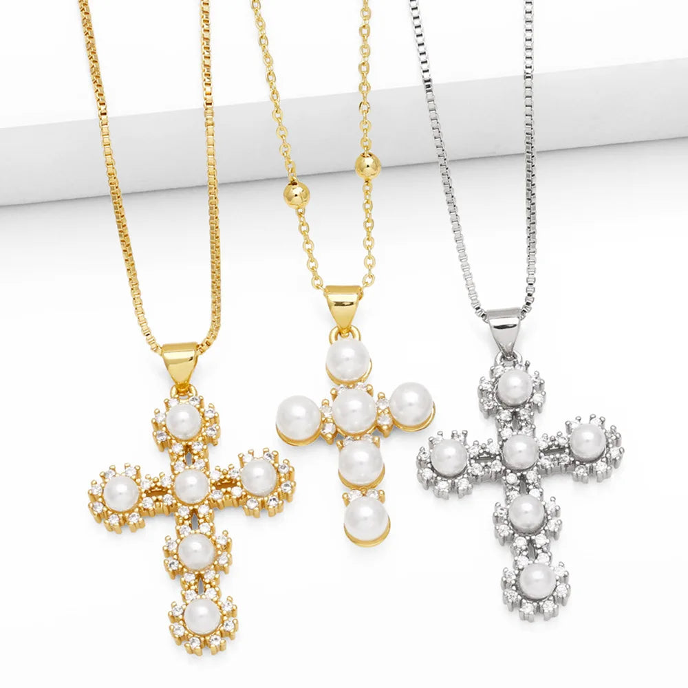 Fashion Women Gold Plated Cross Necklace 18K Gold Pearl Cross Necklace Men Jewelry