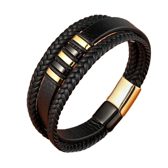 New 3-Layer Genuine Leather Stainless Steel Magnetic Buckle Bracelet Beaded Bracelets or Bangles for Gift