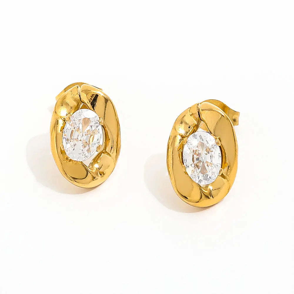 Trendy Vintage 18K Gold Plated Stainless Steel Women's Earring Oval Zirconia Irregular Geometric Stud Wholesale Jewelry