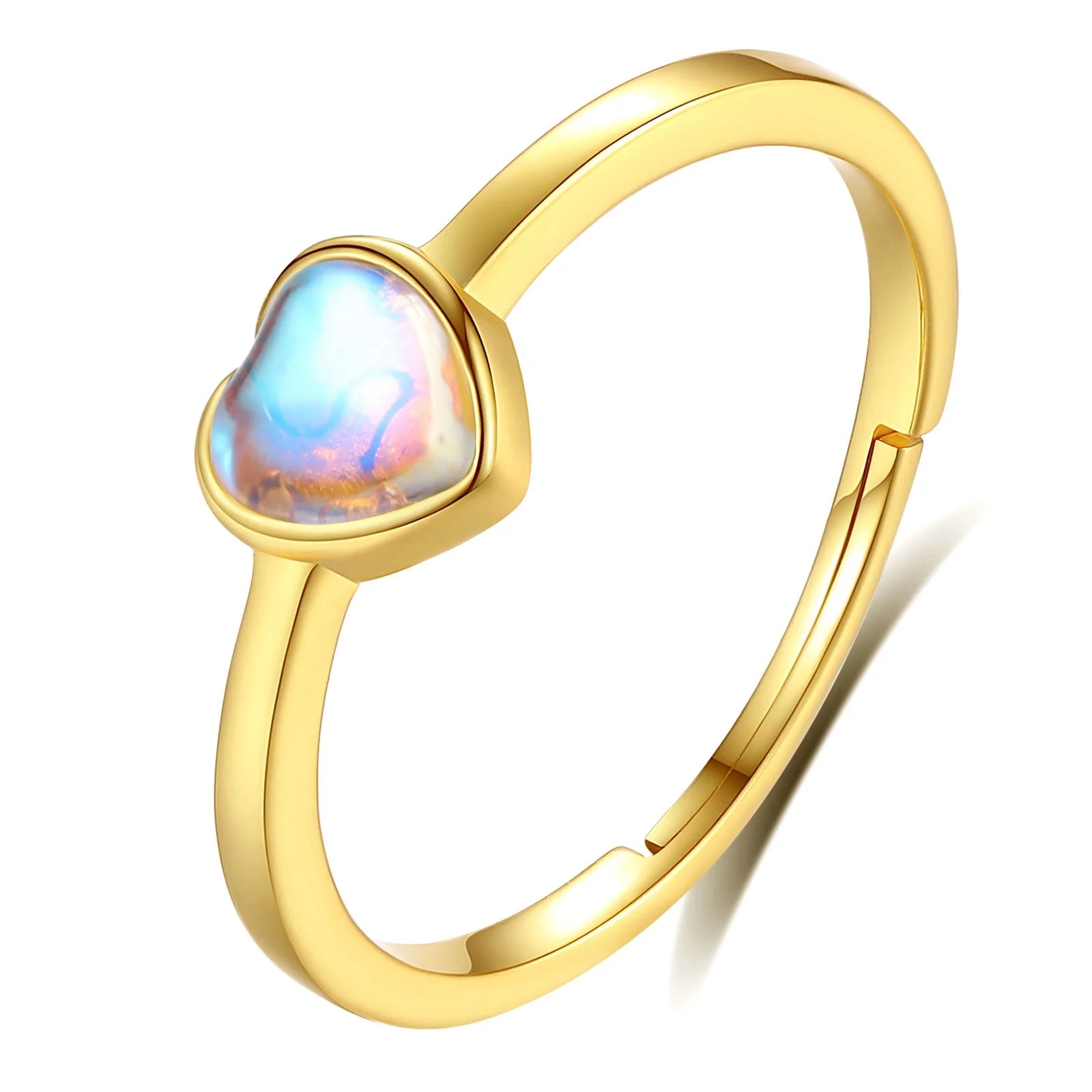 Valentines Day Gift Fashion Cute 925 Sterling Silver 18K Gold Plated Heart Shaped Moonstone Ring for Girlfriend