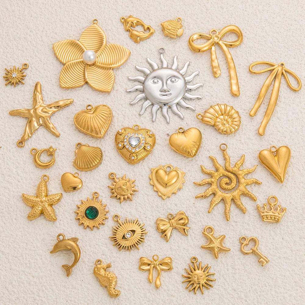 Vintage DIY Plated 18k Gold Stainless Steel Bow Starfish Heart Handmade Charms For Jewelry Making Necklace Pendant