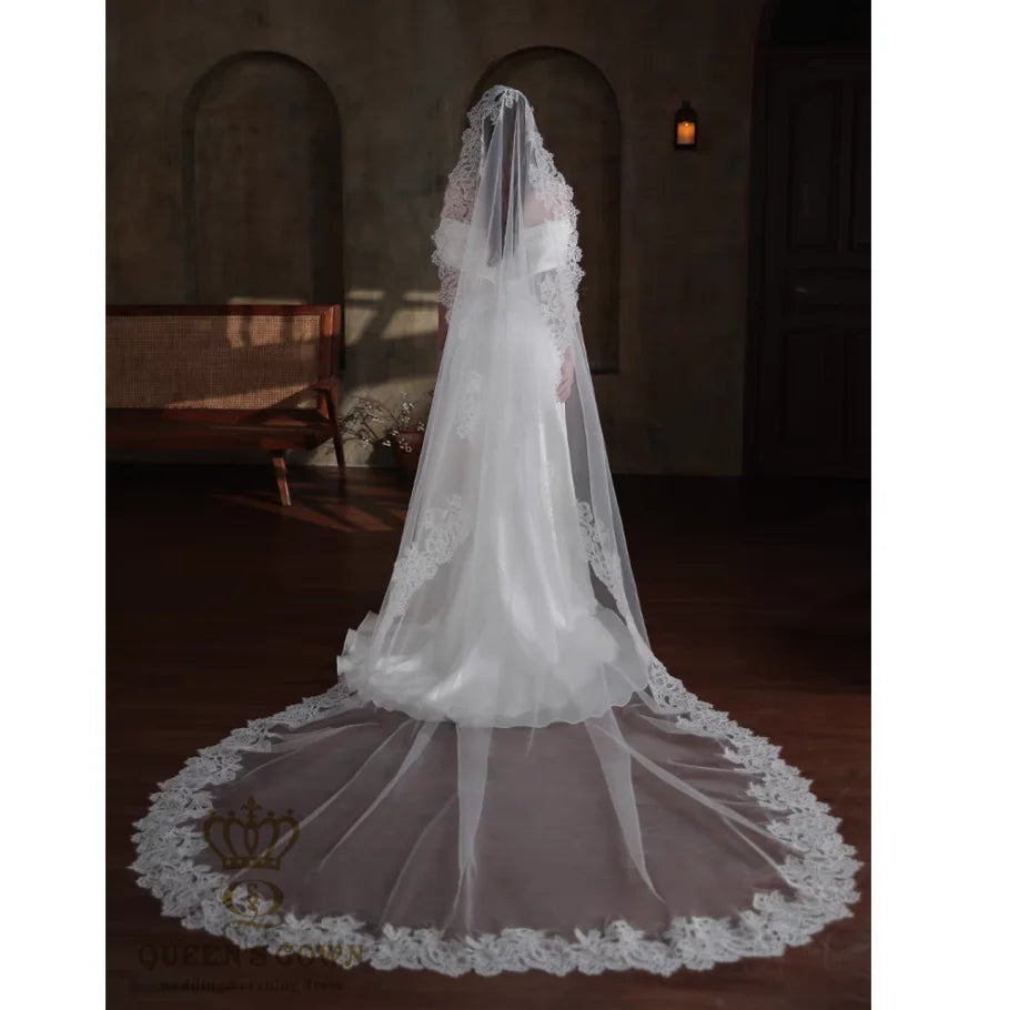 QUEENSGOWN Vintage Long Bridal Veils Soft Mesh Fabric Wedding Accessories Embroidered Lace Bridal Wedding Veils