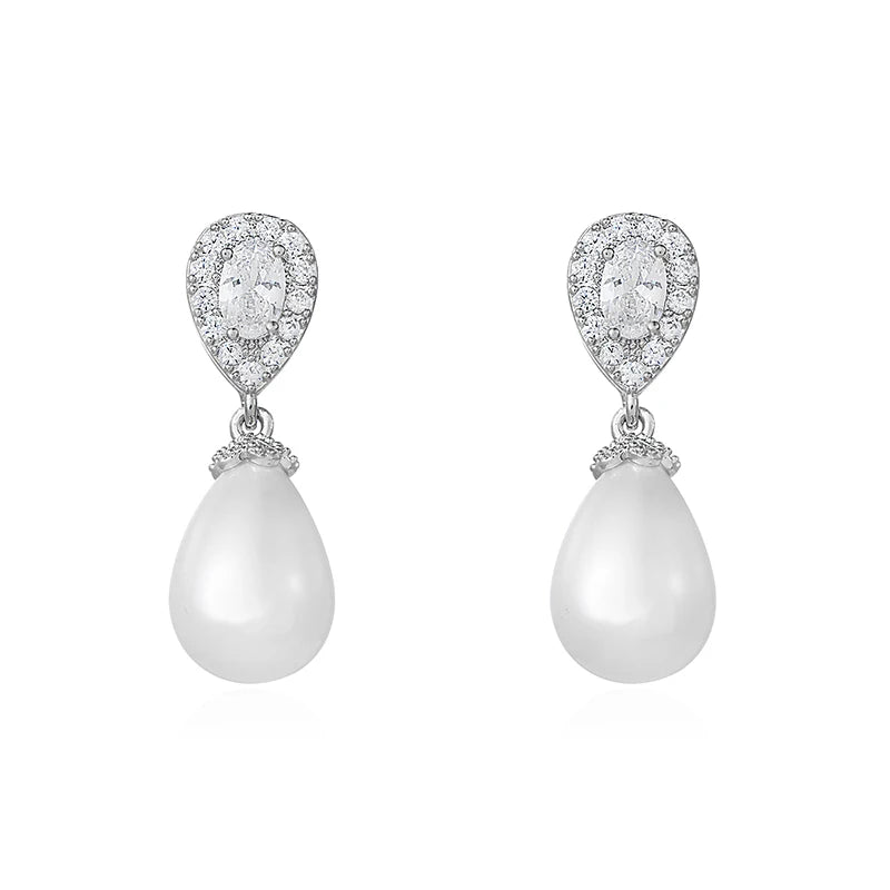 High Quality White Gold Plated 3A Cubic Zirconia CZ Crystal and Shell Pearl Drop Earrings for Bridal Wedding Fashion Accessory