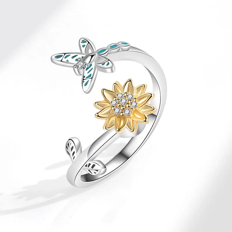 GT Rotating Sunflower Butterfly Anxiety Stress Relief Fidget Ring Women Spinner Dragonfly Open Adjustable Ring
