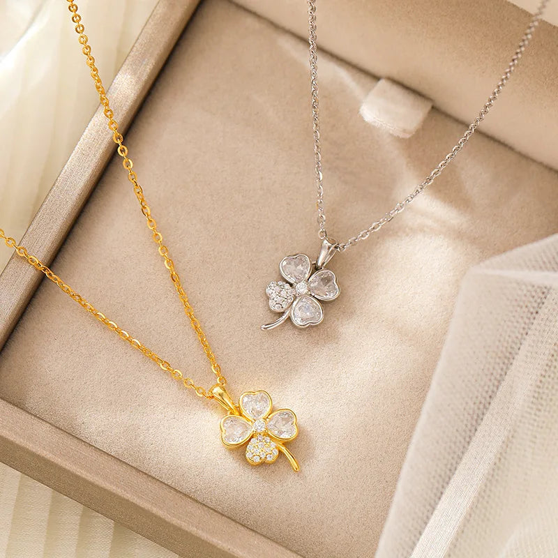 Classic Heart Cubic Zirconia Jewelry 925 Sterling Silver Four Leaf Clover Pendant Love Necklace for Women