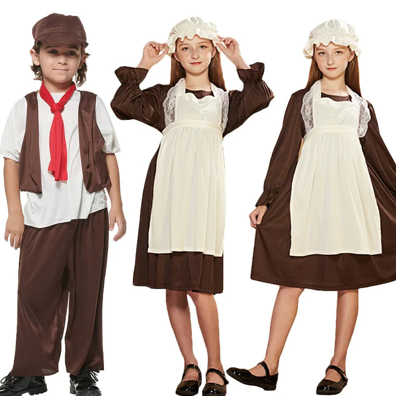 Manufacturer Supply Newspaper Boy Uniform Set Party Victorian Maid Girls Dress Set 110-170 Kids Costume With Props