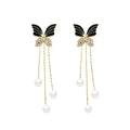 AA00936 Korean Ins New Black Butterfly Earrings Light Luxury Fashion Long Tassel Pearl Earring Personality Wild Ear Studs
