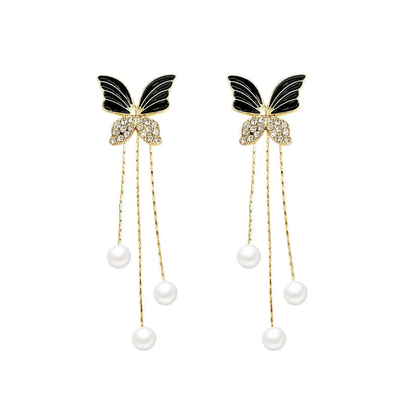 AA00936 Korean Ins New Black Butterfly Earrings Light Luxury Fashion Long Tassel Pearl Earring Personality Wild Ear Studs
