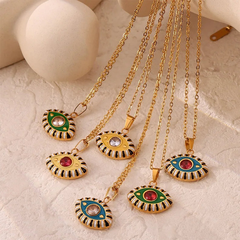 Ins Popular Stainless Steel Waterproof Tarnish Free Jewelry Colorful Enamel Turkish Devil Eyes Cubic Zirconia Pendant Necklace