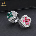 NUOYA Hiphop Jewelry White Gold Plated Four Leaf Diamond Ring Women's Trendy Bling Green Red Gemstone Flower Shape Iced Out Ring