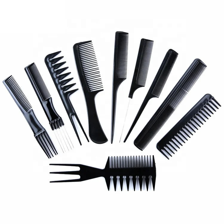 Customized 10 Pcs Toothcomb Barber Hair Styling Black Plastic Lice Detangling Rat Tail Parting Combs Set Hair Straightener Comb