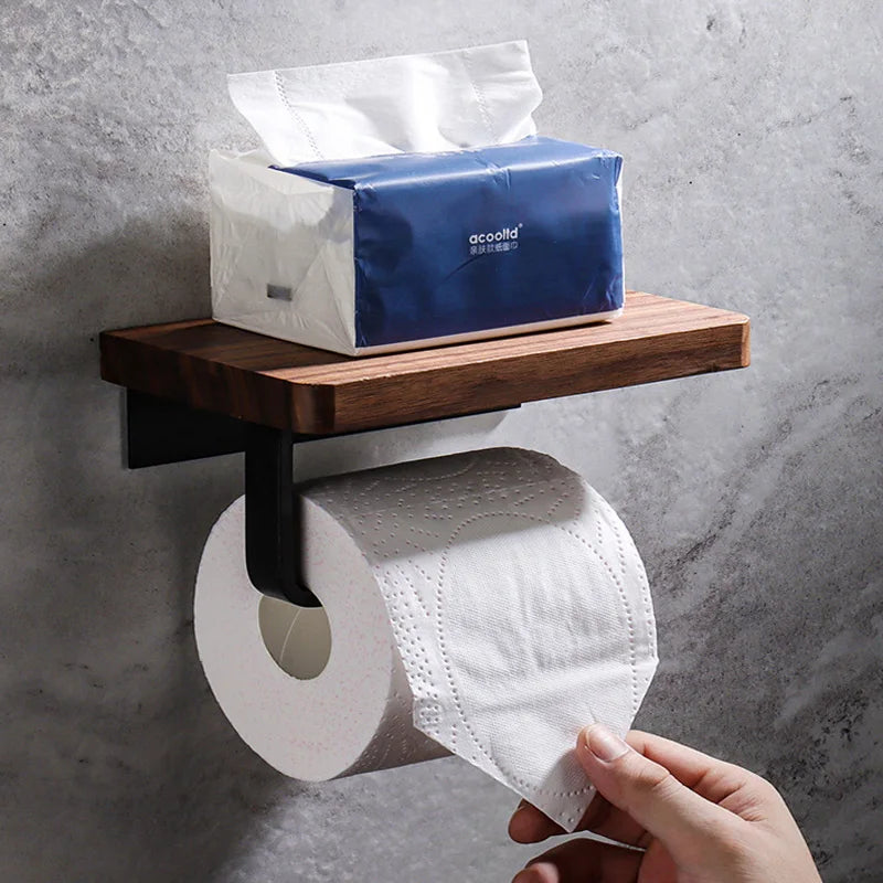 Creative Solid Wood Paper Towel Holder Walnut Toilet Paper Box Roll Paper Holder Toilet Mobile Phone Rack Black Carton