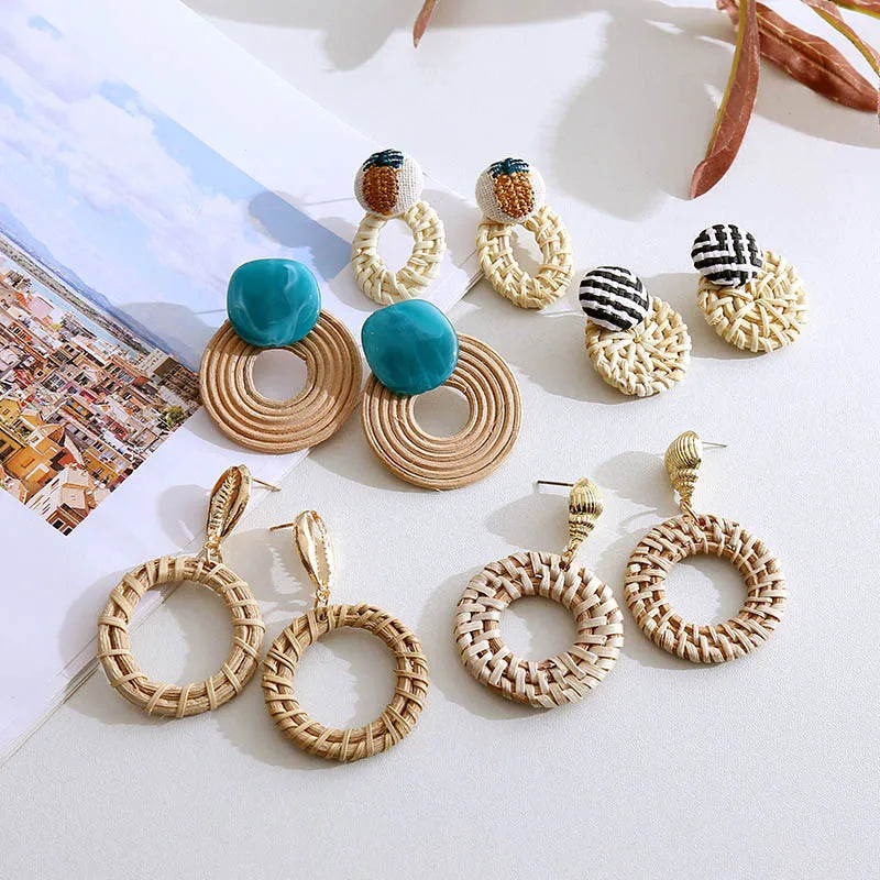 23Kinds Style Korea Handmade Braid Wood Earrings Printing Acrylic Geometric Flower Bamboo Rattan Earring for Women