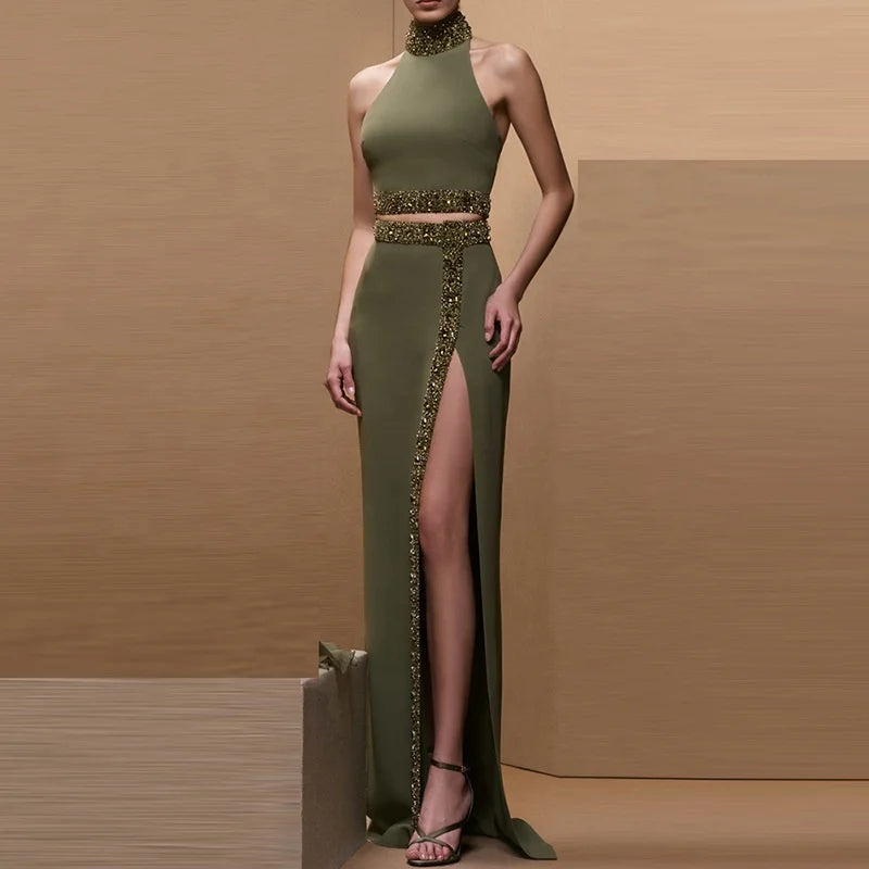 OUDINA Custom SGS Heavy-duty Beaded Diamond Halter Neck Vest Top Slit Long Women's Skirt Suit Sets Two Piece Skirt Set