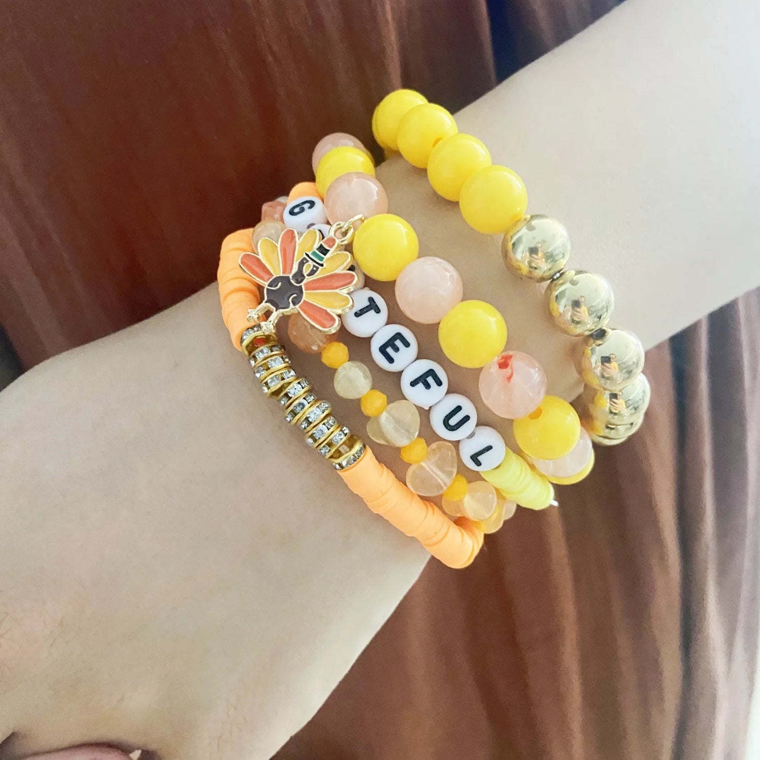 Thanksgiving Orange Beaded Customize Letter Polymer Clay Soft Clay Turkey Pendant Bracelet Set