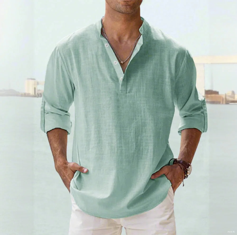 S-5XL  Linen Standing Neck Long Sleeved T-shirt Loose Fitting Men's Sweatshirt Solid Color Long Sleeved Cotton Linen Shirt