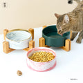Modern Custom Label Rounded Elevated Dog Water Food Bowl Personalised Ceramic Pet Bowl with Wood Stand