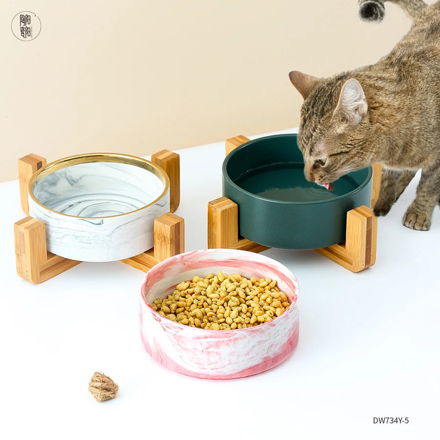 Modern Custom Label Rounded Elevated Dog Water Food Bowl Personalised Ceramic Pet Bowl with Wood Stand