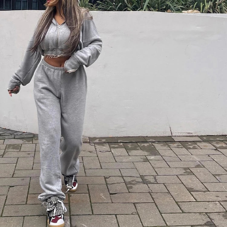 2025 Custom Grey Casual Style Women's Clothing Wholesale Two-Piece Crop Hoodie and Joggers Zip-up Sweatsuit Set