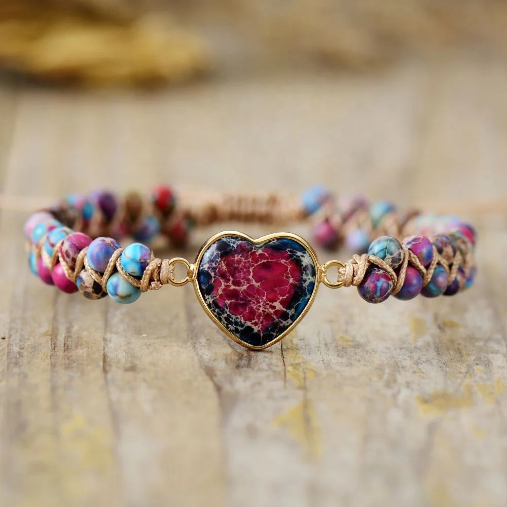 Jade Zircon Stones Classic Peace Bohemian Spiritual Bracelet with Romantic Heart Charms for Gift
