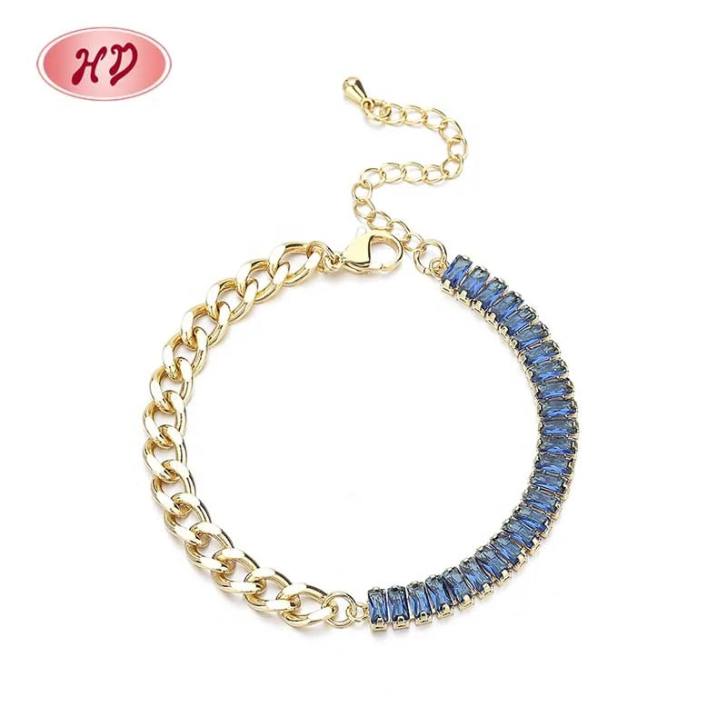 Blue Square Stitching Style Diamond 18K Gold Plated Fine Fashion Bracelet Bracelets and Bracelets for Women