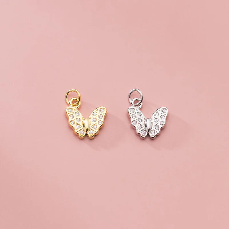 9.6mm Tiny Butterfly Charm 925 Sterling Silver CZ Zircon Butterfly Pendant for Necklace Jewelry Making