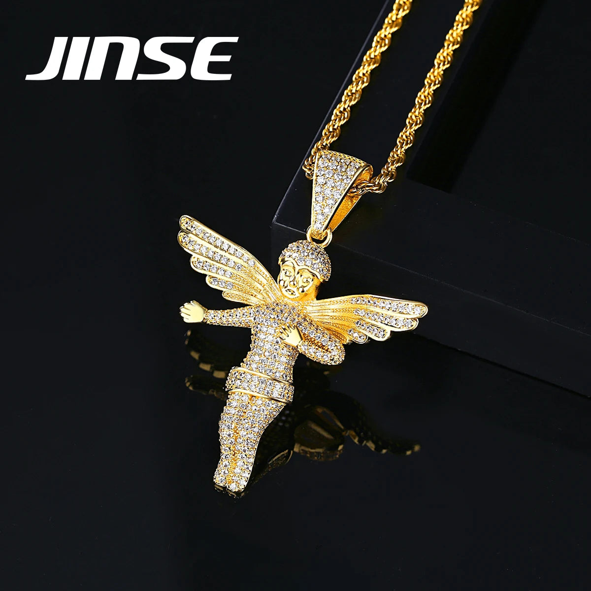 JINSE Hip Hop Angel Necklace Gold Plated & Charm Luxury Jewelry Woman Iced Cubic Zirconia Pendant