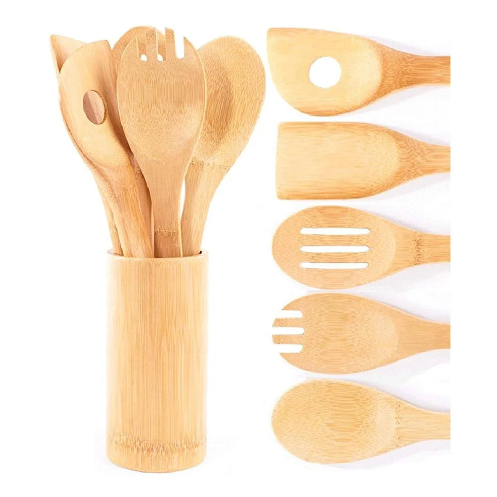 Bamboo Kitchen Utensil Set 6-Piece Eco-Friendly Hand Wash Only Spatula Fork Spoons