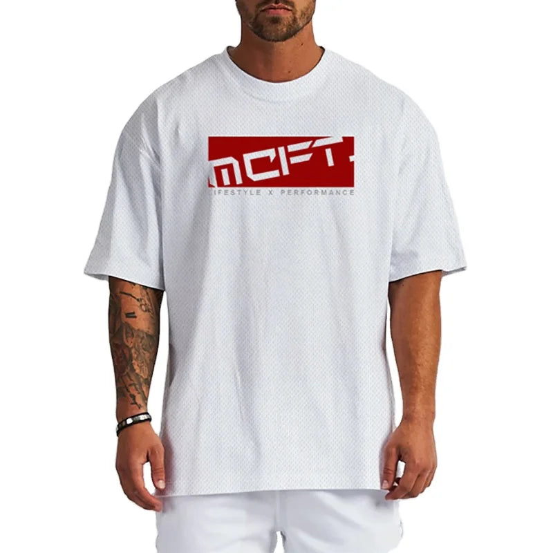 Custom Logo Oversized Loose Half Sleeve T-Shirt Mesh Quick Dry Mens Hip Hop Streetwear Gym Fitness Workout Bodybuilding Tee Tops