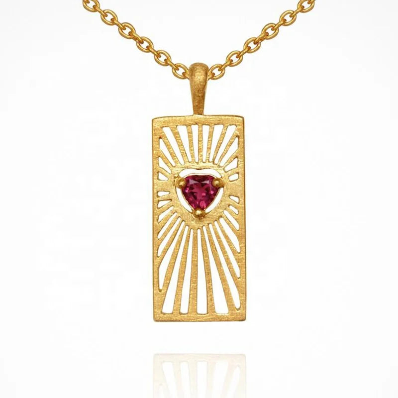 Milskye Fashion Jewelry 18k Gold Plated 925 Sterling Silver Heart Shaped Ruby Rectangle Pendant Necklace