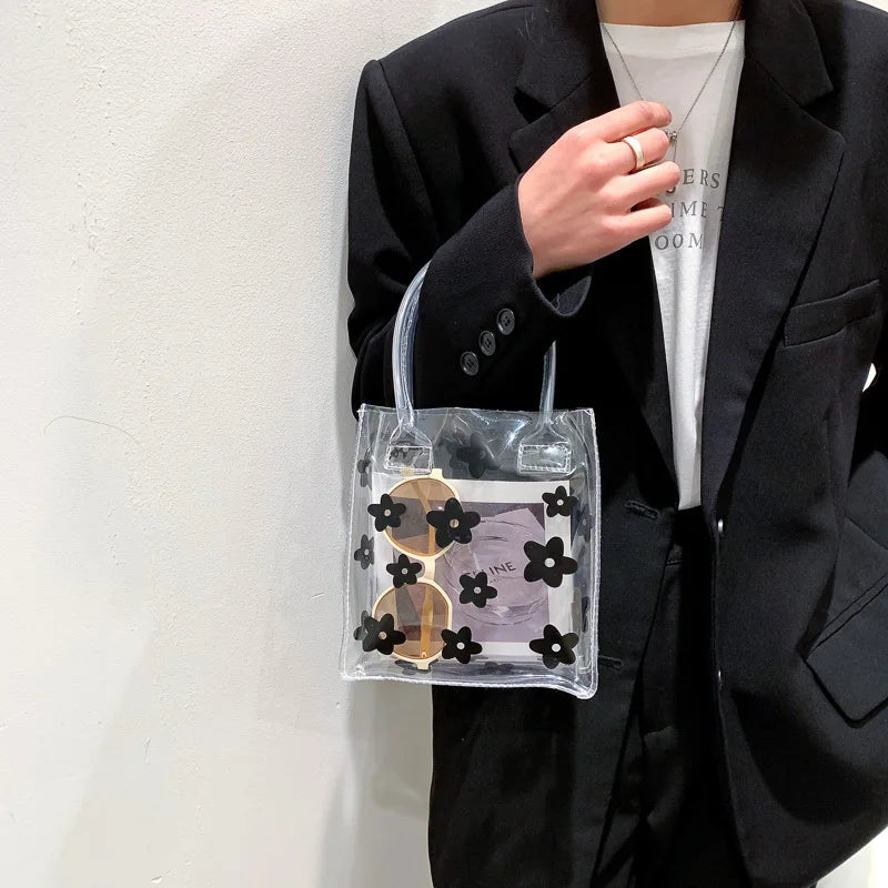 Woman Fashion clear Pvc Colorful Handbags Water Pvc clear Bag R Women Lovely Small Fresh Flower Tote Handbags Travel Bag