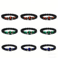 8mm Black Obsidian Gemstone Tiger Eye Rhinestone Spacer Beads Trendy Ball Shape Bracelet with Agate Charm for Couples