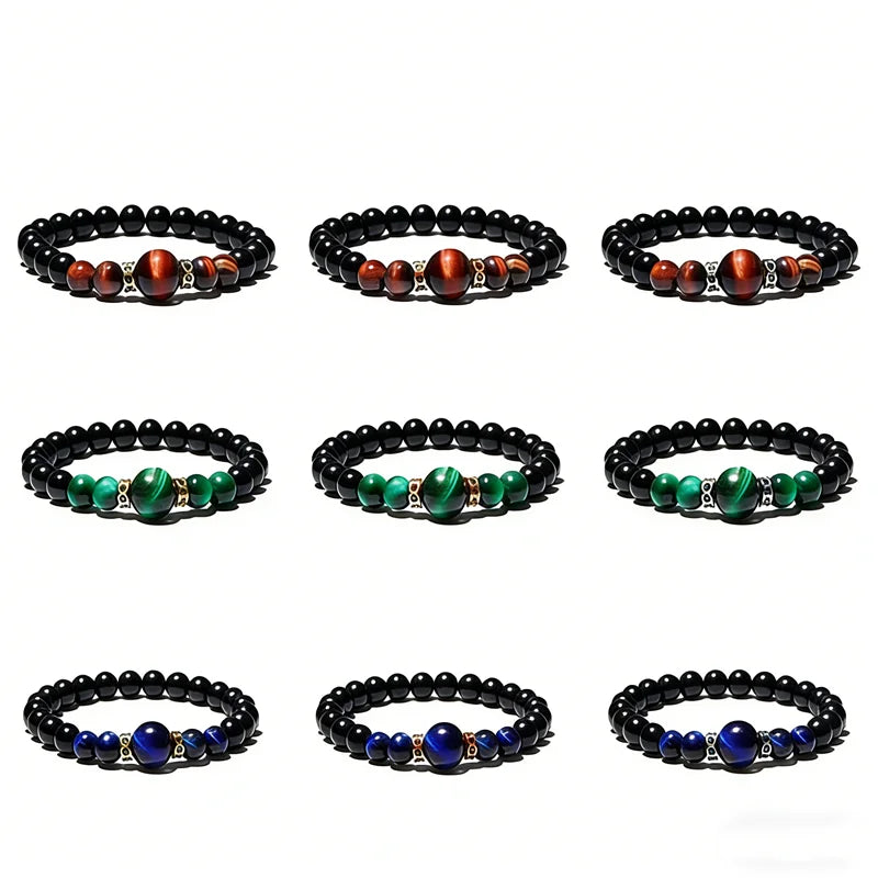 8mm Black Obsidian Gemstone Tiger Eye Rhinestone Spacer Beads Trendy Ball Shape Bracelet with Agate Charm for Couples