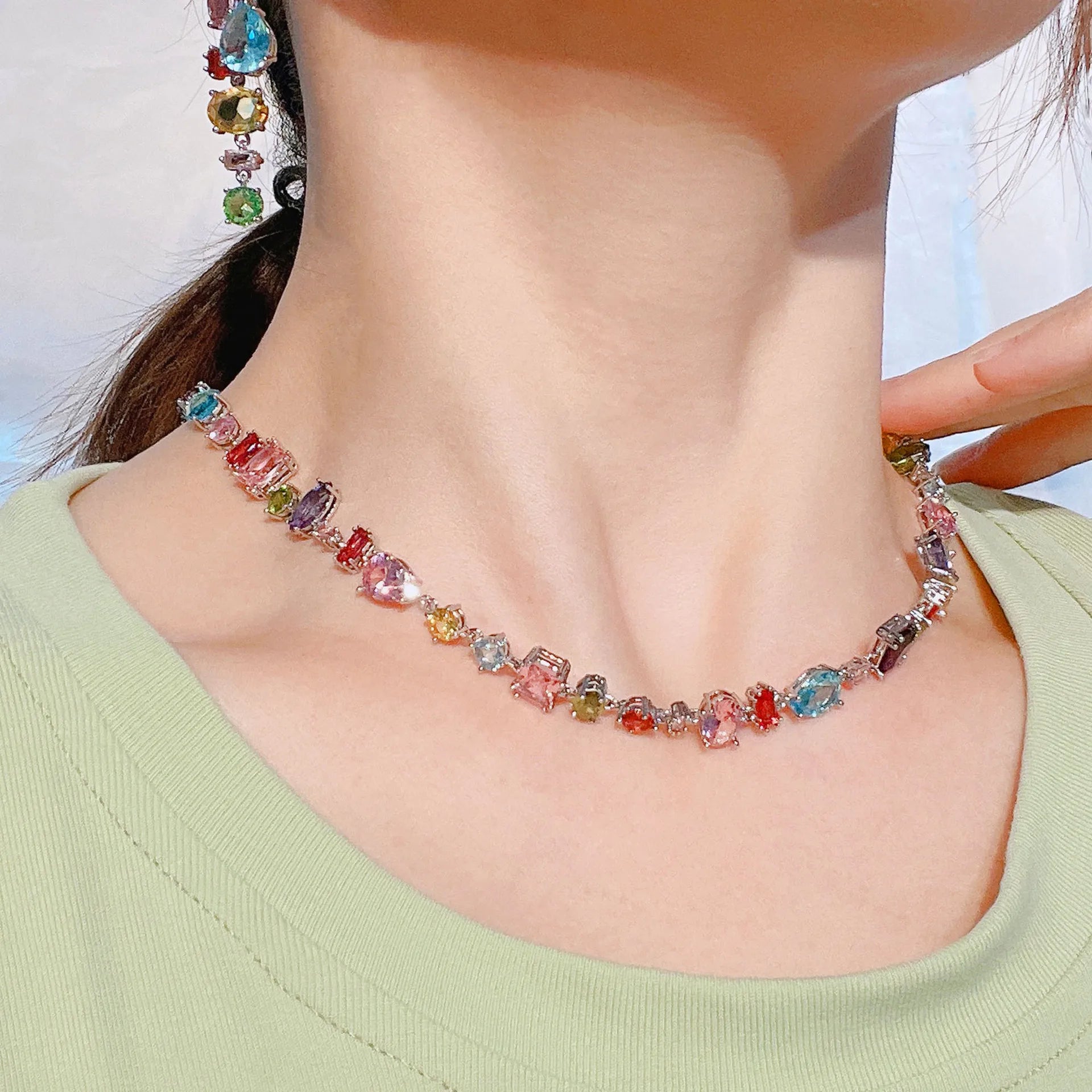 Colorful Crystal Zirconia Necklace Women Luxury Cute Beaded Necklace Bone Chain