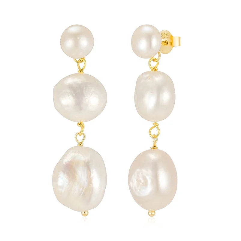 Gemnel Handmade Gold Vermeil Freshwater Pearl Chain Baroque Long Earrings Women