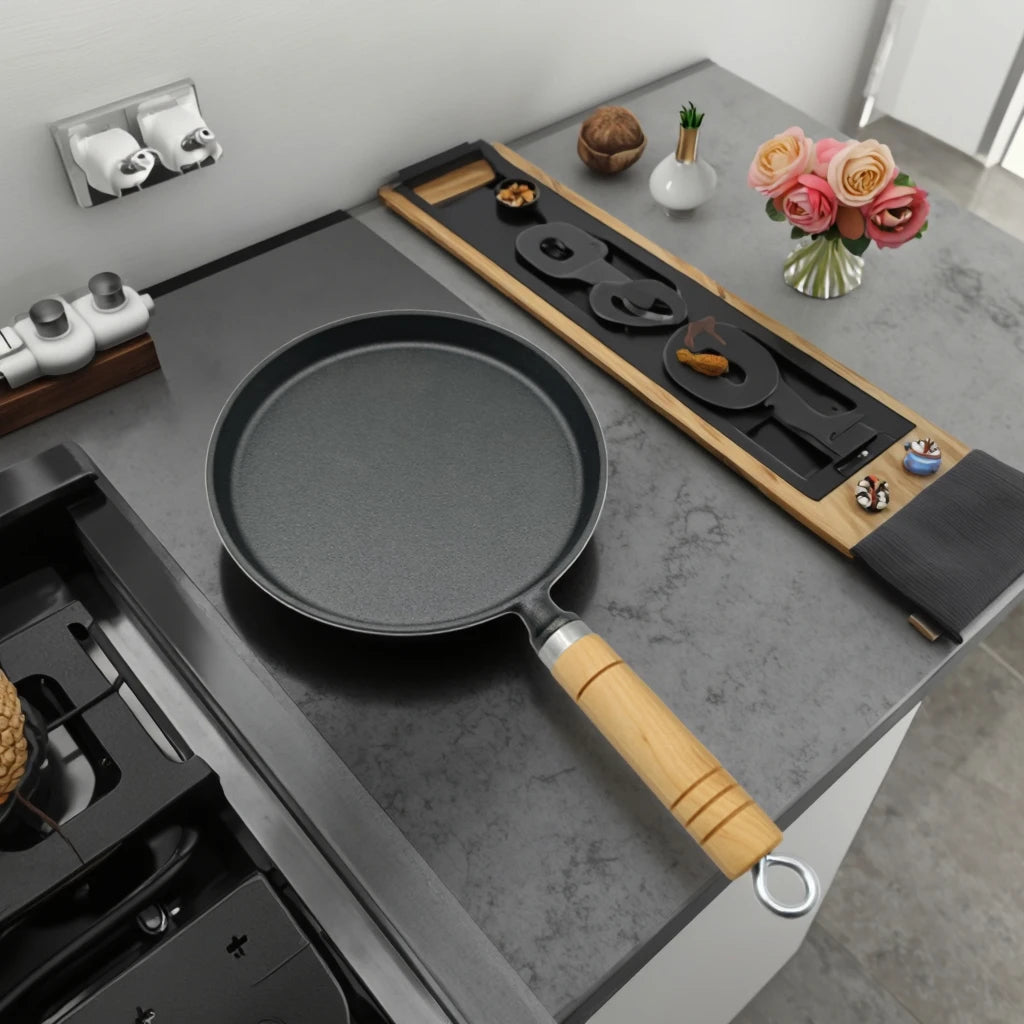Factory Wholesale Pre-Seasoned Cast Iron Skillet Kitchen Cookware Nonstick Wooden Handle