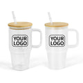 20oz Frosted Clear Glass Tumbler with Wooden Lid and Straw Travel Mug with Handle Glass Drinkware