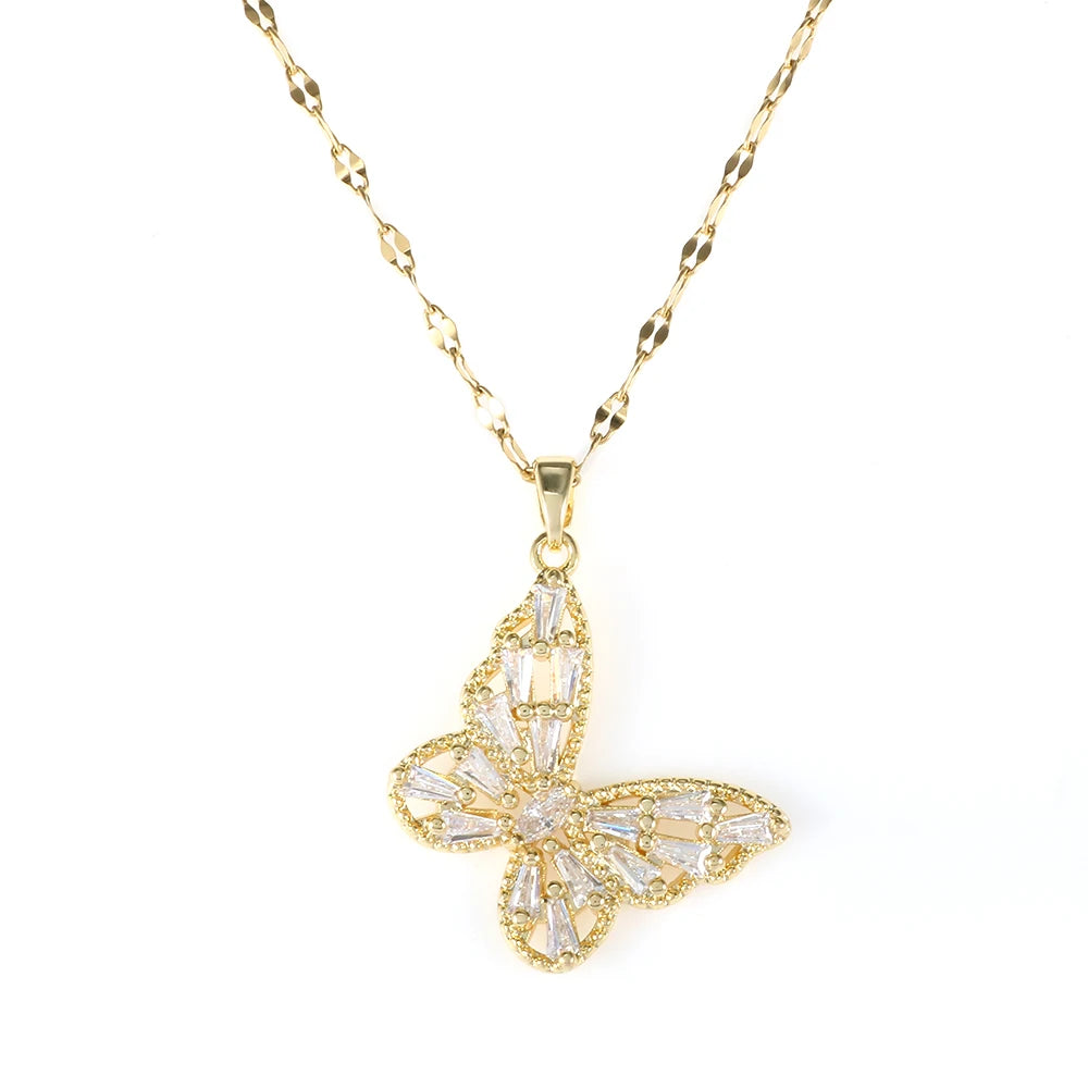 18K Gold Plated Stainless Steel Jewelry Zirconia Diamond Butterfly Shaped Charm Necklace Dainty Pendant Necklace for Women