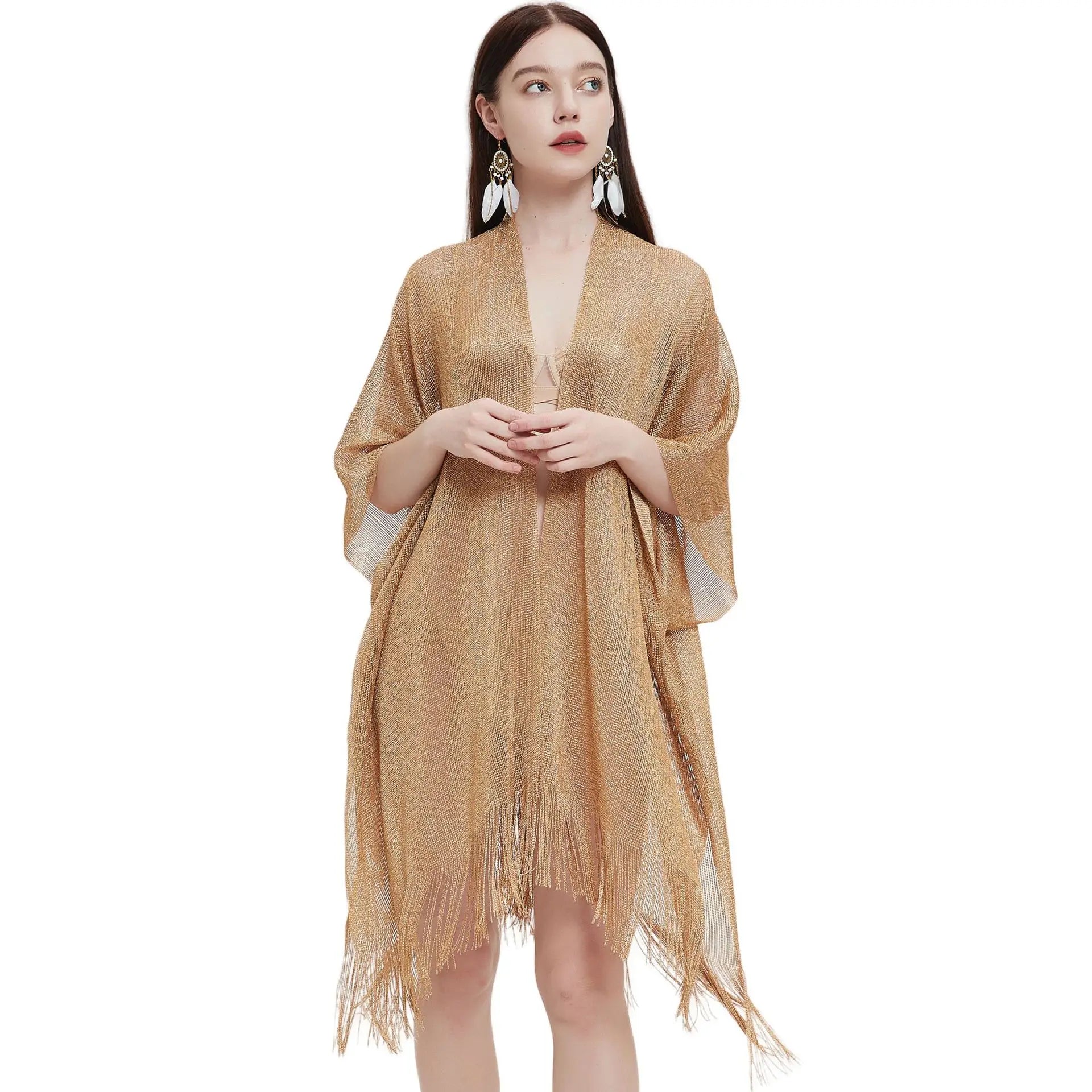 Hot Sale Women Summer Split Shawl Plain Color Transparent Thin Capes Cheapest Price Cool Beach Poncho with Tassels