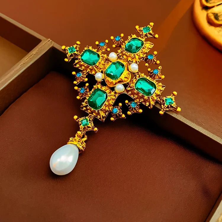 Shiny Large Green Diamond Rhinestone Cross Brooch for Women Geometric Crystal Pearl Statement Jewelry Accessories