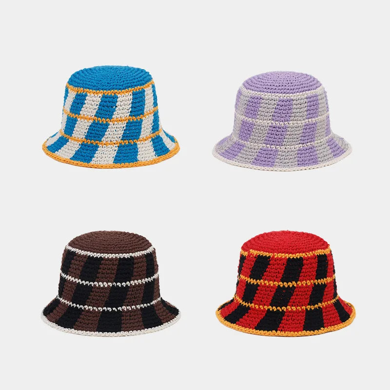 Handmade Plaid Sun Bucket Hat for Women Top Selling Summer Outdoor Crochet Knitting Hat for Fishing Casual Travel Cycling