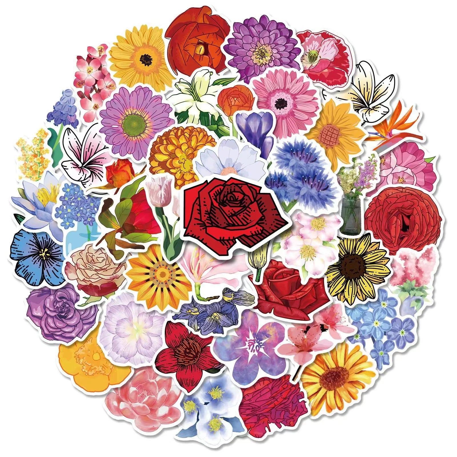 50pcs Flowers Series Stickers Packs for Beautiful Flowers Beautiful Plants Flowers Stationery Notebook Suitcase Waterproof