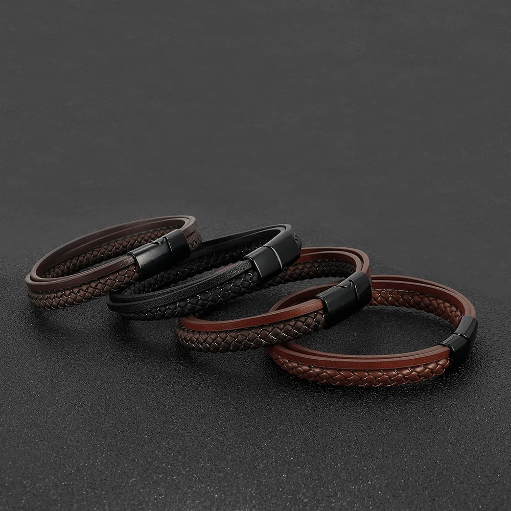 Alloy Magnetic Buckle Multi-layer Leather Bracelets men's silver Custom Leather Personalized bracelet man