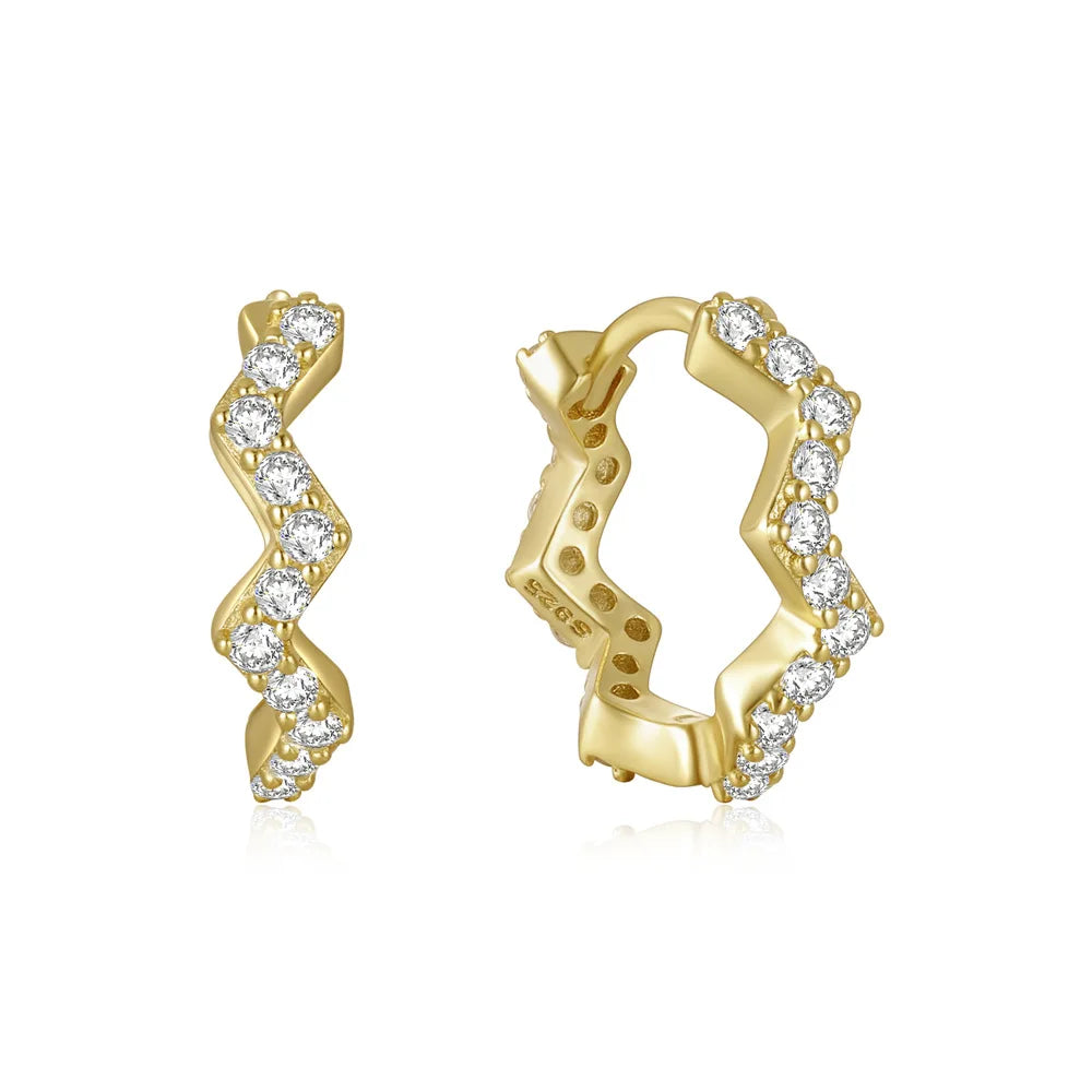 NEW Fashion 925 Sterling Silver Earrings Single Row Wave Shaped Zircon Gold Plated Ear Buckle Hoop Earrings Women