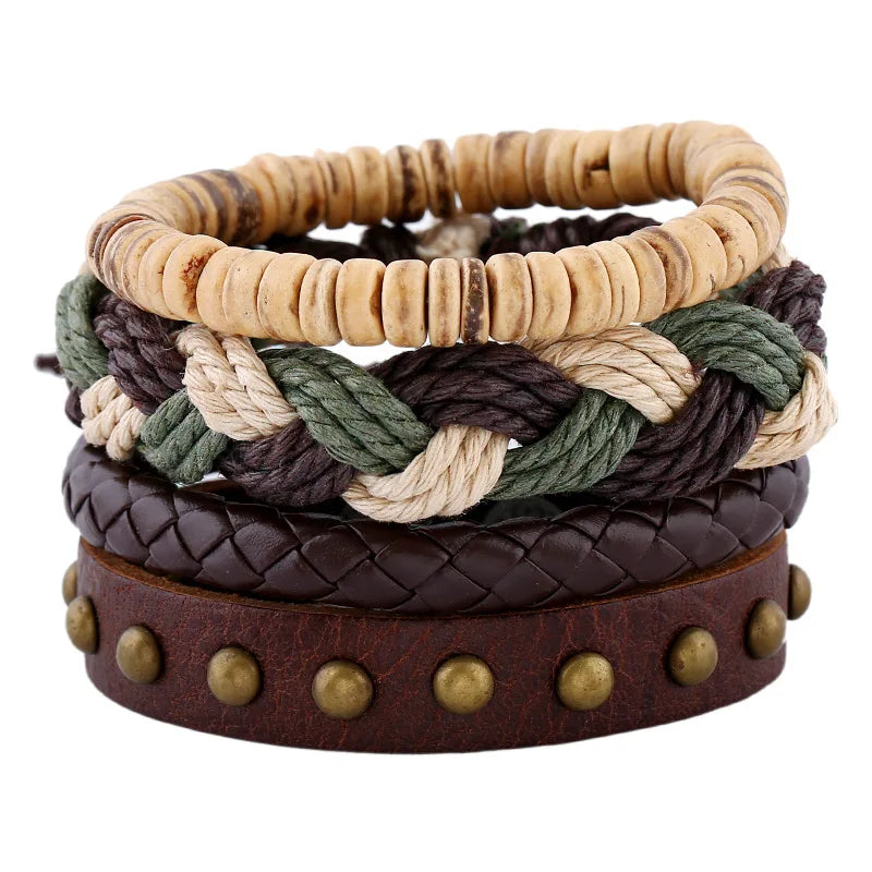 DPACNCO TZ053 4 Pcs Vintage Alloy Antique Bronze Beaded Cuff Bracelet Men's Retro Rivet for Wedding or Gift
