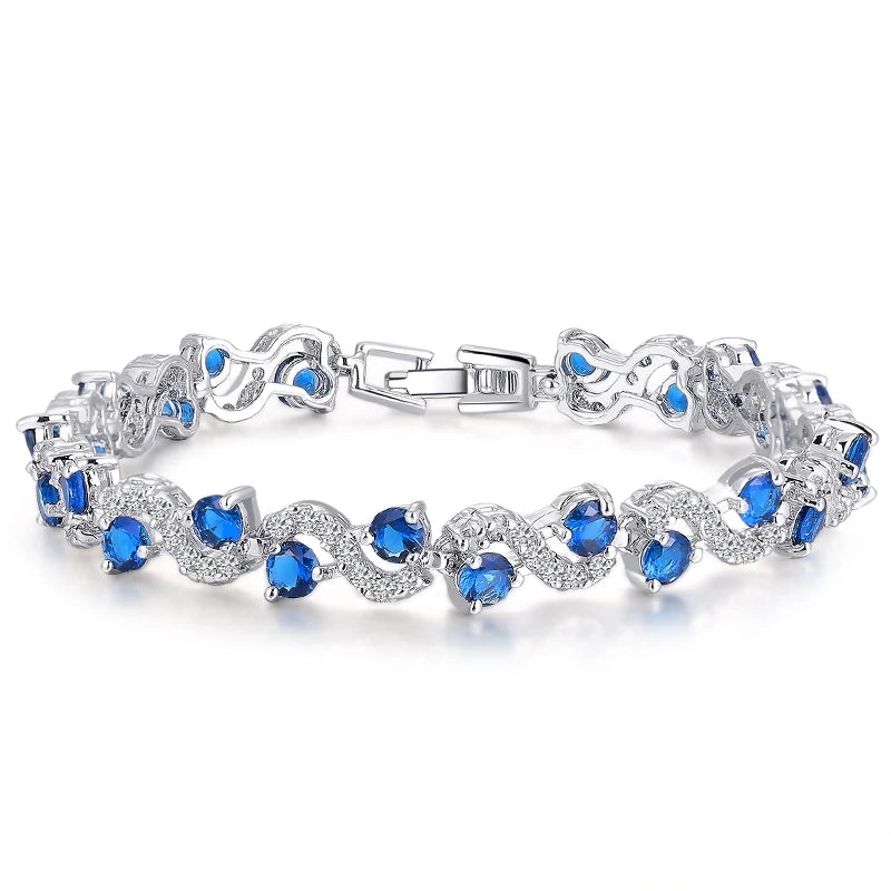 Popular Round Cubic Zirconia Paved Party Wedding Blue Tennis Bracelets for Women Luxury Jewelry Accessories