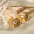 Trendy 18K Gold Plated No Fading Stainless Steel Flower Geometric Fan Design Pearl Stud Earrings for Women